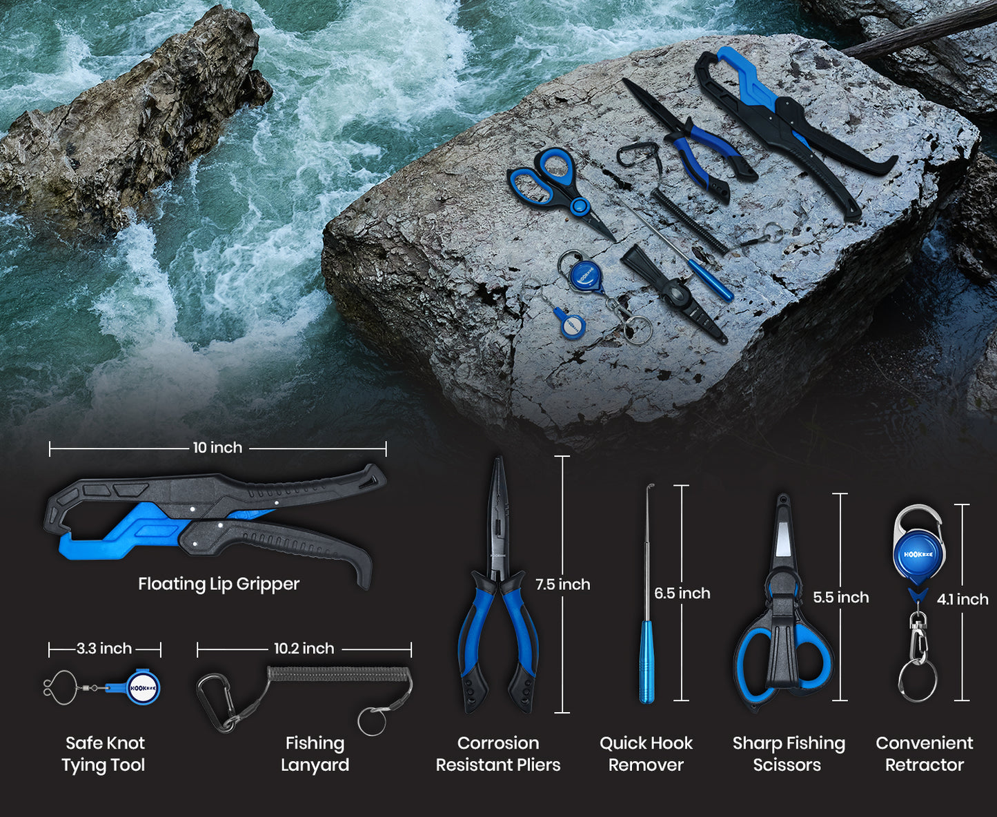 HookEze 7pc Fishing Tool Kit & Nail Knot Tool