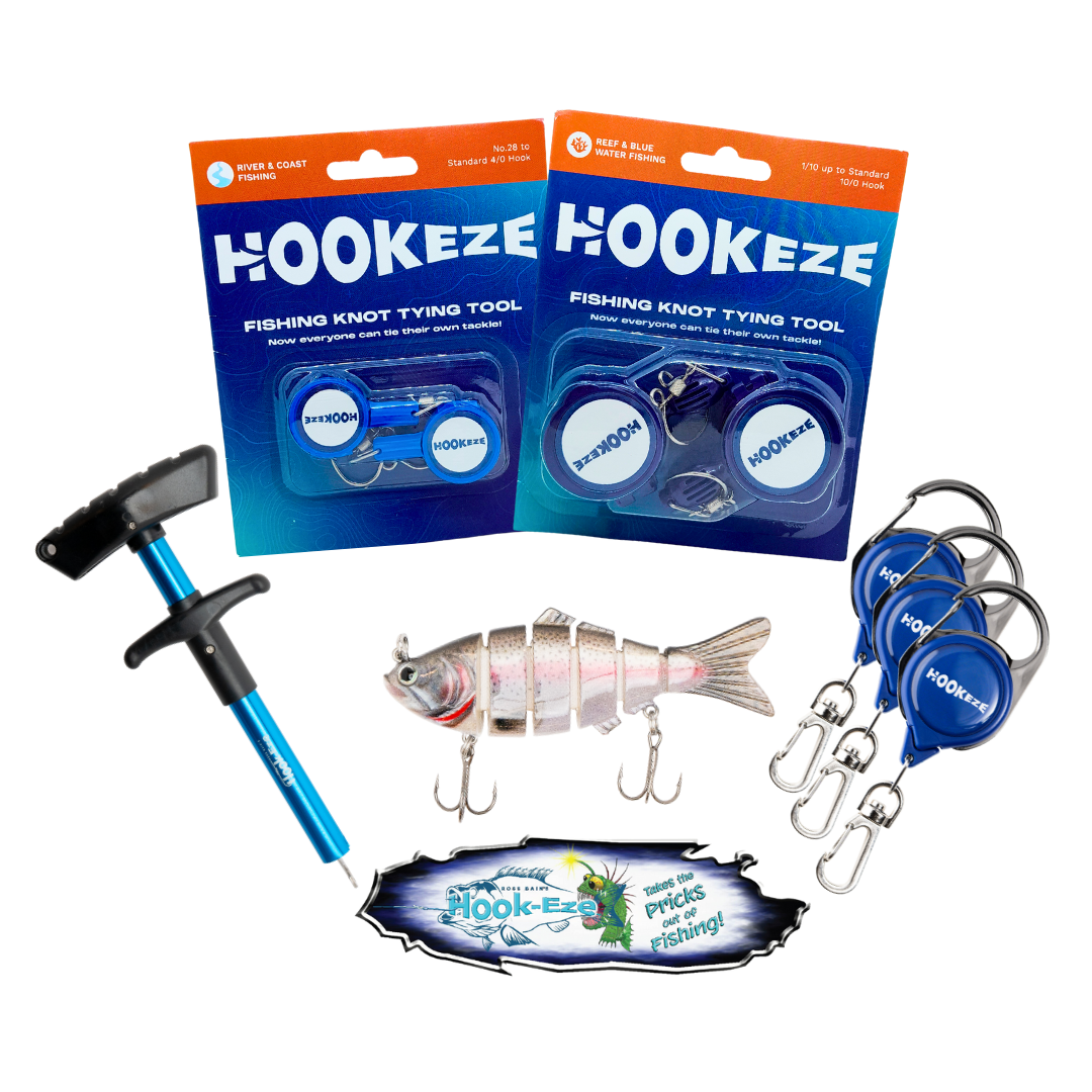 HookEze Must have fishing tool gift pack, zinger, lure, hookeze, sticker, dehooker